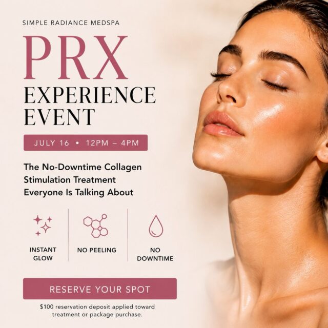 ✨ THE PRX EXPERIENCE EVENT IS COMING TO SIMPLE RADIANCE ✨

Join us on July 16 for an exclusive opportunity to experience PRX-T33, the innovative collagen stimulation treatment that&rsquo;s transforming skin without needles, peeling, or downtime.

PRX is designed to improve skin texture, hydration, radiance, fine lines, and overall skin quality while helping stimulate your skin&rsquo;s natural regenerative process. It&rsquo;s the perfect treatment before weddings, vacations, photoshoots, special events, or anytime you want healthier, more luminous skin.

Your experience includes:
✔ Personalized skin consultation
✔ PRX treatment experience
✔ Customized treatment recommendations
✔ Exclusive event-only pricing

📅 July 16, 2026
⏰ 12:00 PM &ndash; 4:00 PM
📍 Simple Radiance MedSpa
🎟 $100 reservation deposit applied toward package purchase

Appointments are limited and expected to fill quickly.

Reserve your spot today at link in bio and discover why PRX-T33 has become one of the most talked-about skin rejuvenation treatments in aesthetics.

#PRXT33 #PRXAustin #AustinMedSpa #CollagenStimulation #SkinRejuvenation