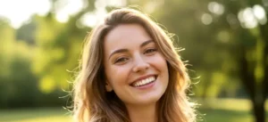 bioidentical-vs-synthetic-hrt-austin-medspa - SimpleRadianceMedSpa - SimpleRadianceMedSpa Close-up of a happy woman smiling outdoors in Austin, representing the natural results of bioidentical vs. synthetic hormone replacement therapy at Simple Radiance Medspa.