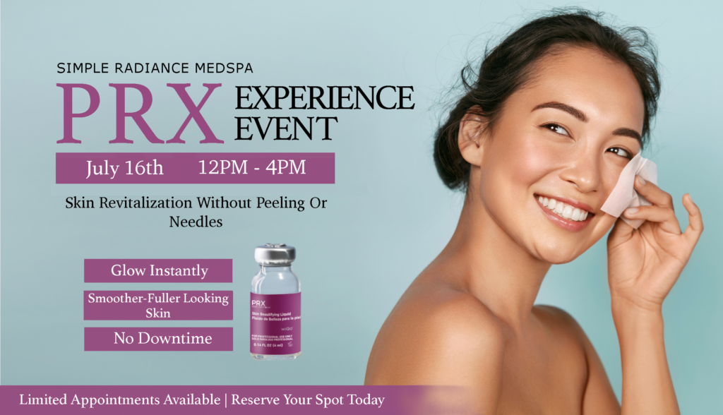 A woman smiling and enjoying glowing skin at an exclusive aesthetic clinic event in Austin.
