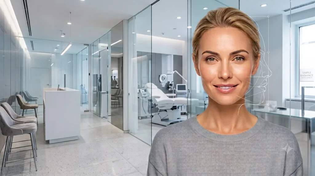 Blonde woman showcasing facial balancing and profile symmetry mapping at Simple Radiance Medspa in Austin, Texas.