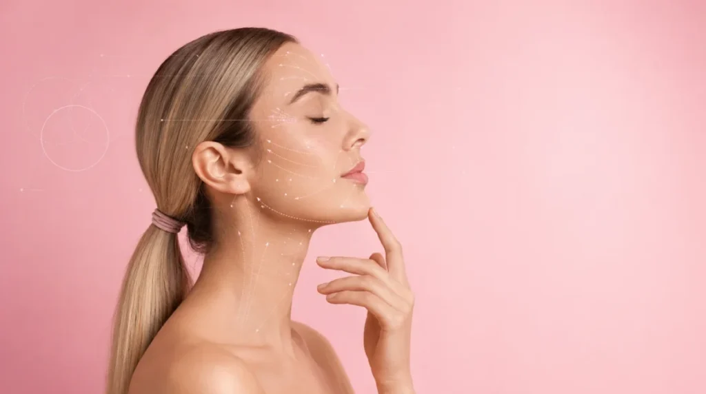 Profile view of a woman with aesthetic mapping lines illustrating facial harmony and structural balancing at Simple Radiance Medspa in Austin