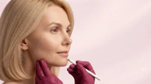 Liquid Facelift Consultation in Austin, TX | Simple Radiance Medspa - SimpleRadianceMedSpa - SimpleRadianceMedSpa A professional consultation for a liquid facelift at Simple Radiance Medspa in Austin, where an aesthetician in dark pink gloves uses a white pencil to mark facial contour lines on a younger blonde woman.
