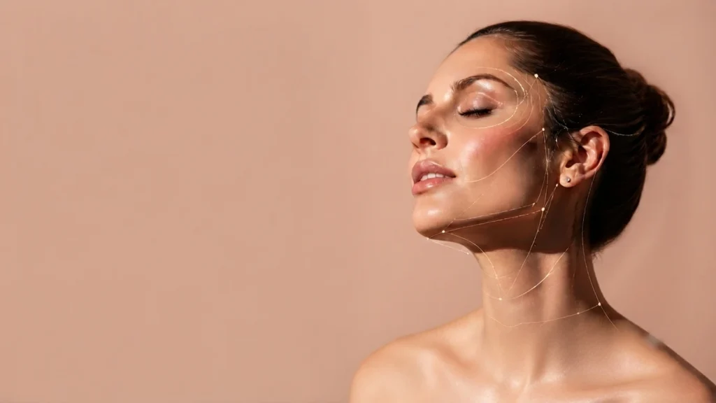 Close-up portrait of a woman in profile with delicate golden facial mapping lines, representing precise aesthetic analysis for profile balancing at Simple Radiance Medspa in Austin, TX.