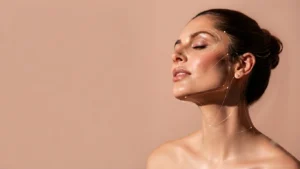 Close-up portrait of a woman in profile with delicate golden facial mapping lines, representing precise aesthetic analysis for profile balancing at Simple Radiance Medspa in Austin, TX.