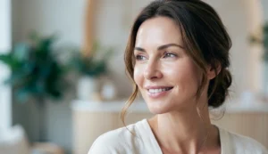 PRX Derm Perfexion Skin Rejuvenation Austin - SimpleRadianceMedSpa - SimpleRadianceMedSpa Close-up of a woman with radiant, clear, and tightened skin following a PRX Derm Perfexion treatment in a cool-toned modern medical spa setting.