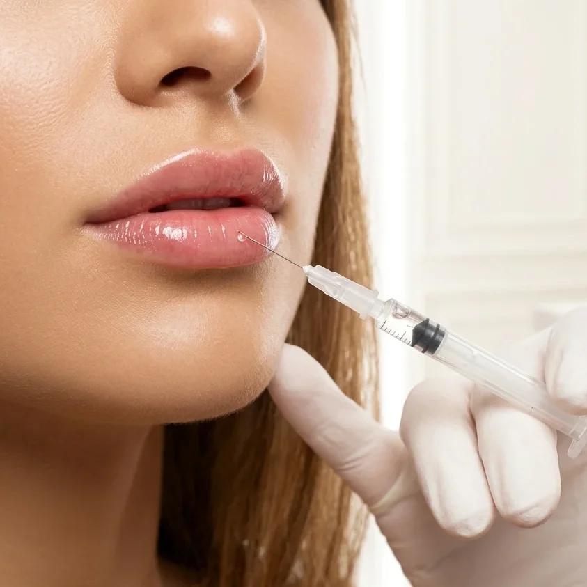 A detailed close-up photograph showing a precise gloved hand holding a syringe preparing for a lip filler injection at Simple Radiance Medspa in Austin, Texas. The focus is on the needle tip near the subject’s natural, defined lips. The background is a neutral medical-grade wall.