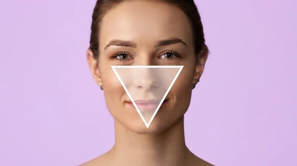 A woman with a naturally contoured, youthful facial structure (defined cheeks and jawline) overlaid with a white triangle, representing the aesthetic 'Triangle of Youth' concept.