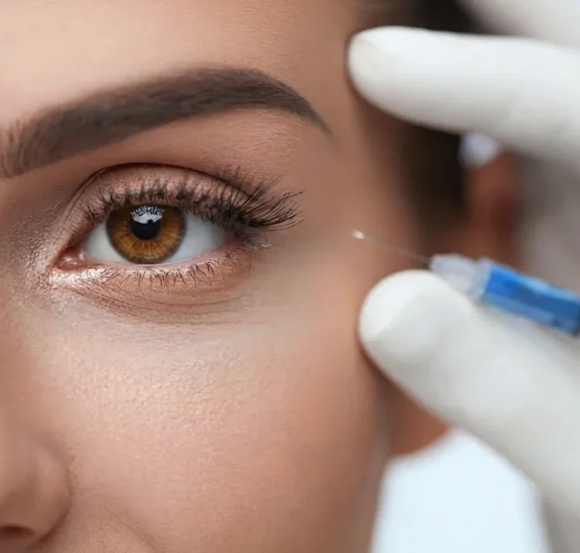 Close-up of a woman with brown eyes receiving an under-eye filler injection at Simple Radiance Medspa in Austin, TX.